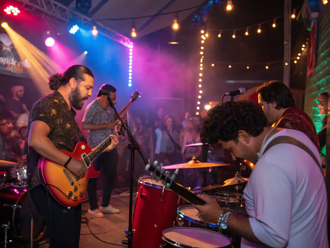 A group of musicians performing on stage, highlighting the organization's music program.