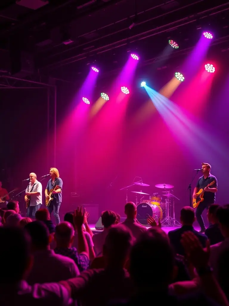 A vibrant image of musicians performing live on stage, with a diverse audience enjoying the music and atmosphere.
