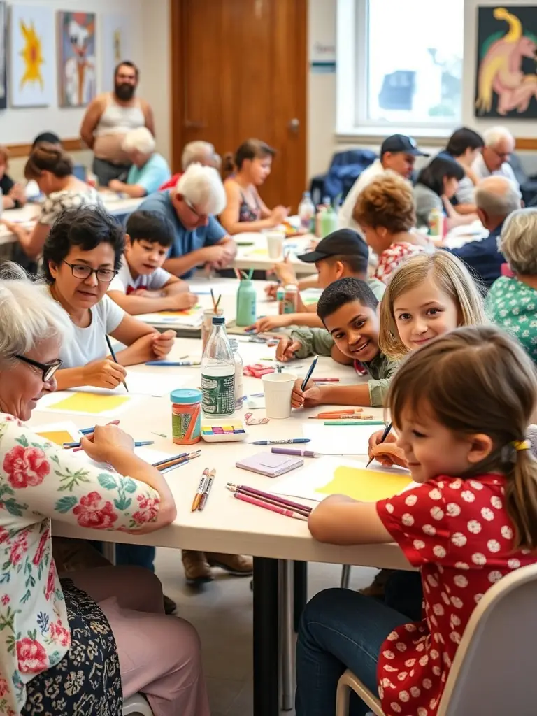 A photo of a community workshop where participants are actively engaged in an art project, reflecting the organization's commitment to cultural accessibility.