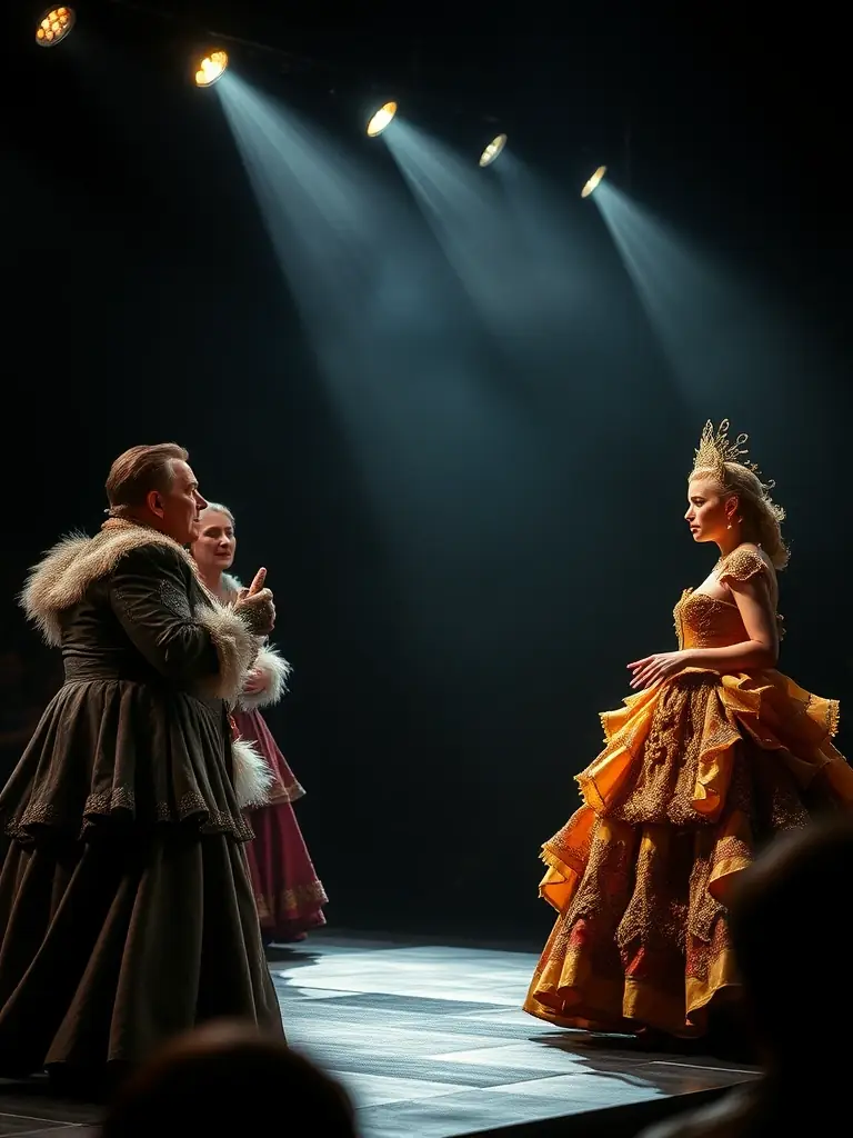 A photograph capturing a dynamic theatre performance with actors in costume on stage, showcasing the energy and artistry of the production.