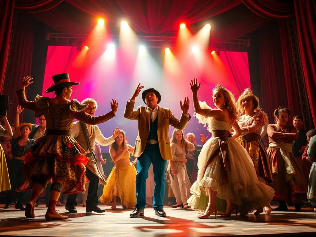 A vibrant stage scene with actors performing a play, showcasing the organization's theater program.